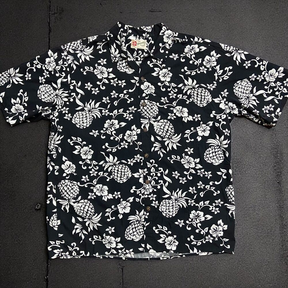 Hilo Hattie Hawaiian Pineapple Print Black White Casual Button Down Shirt XL